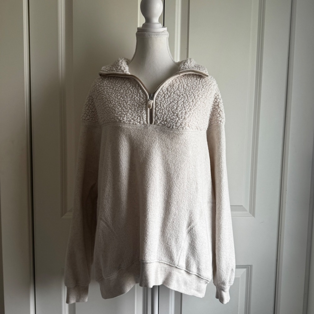 Aerie Quarter Zip Sherpa Fleece Pullover Sweater Cream Womens Cozy Oversized S